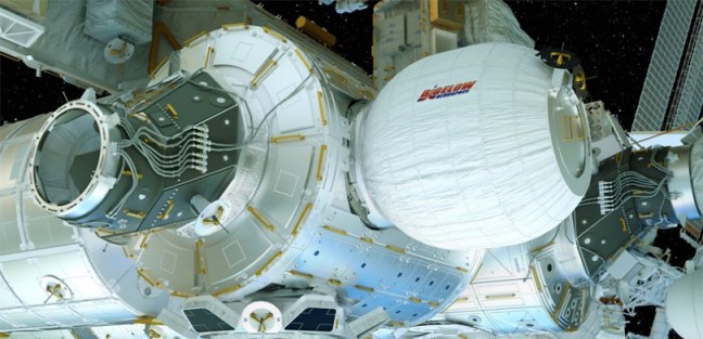 Posible aspecto del módulo BEAM en la ISS una vez hinchado.
