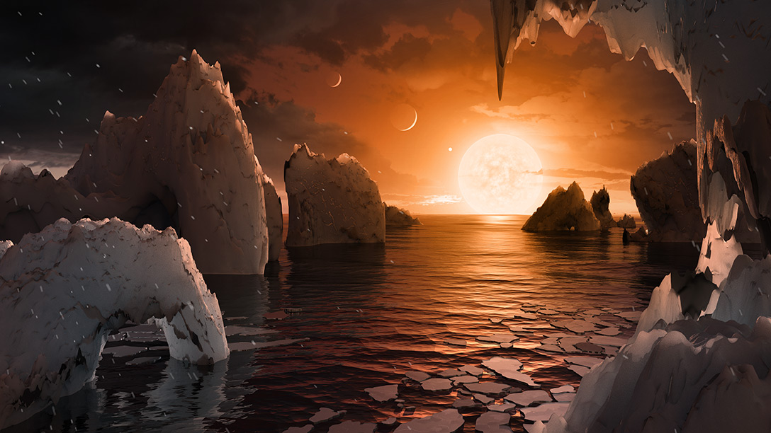 Concepción artística desde la superficie del planeta TRAPPIST-1f. Créditos: NASA.