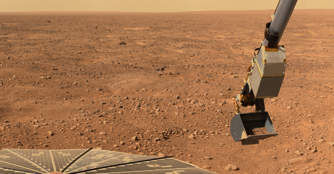 Imagen del brazo pala excavadora de la sonda Phoenix sobre la superficie marciana