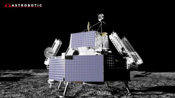 Recreación de la plataforma lunar Griffin con el rover VIPER de la NASA