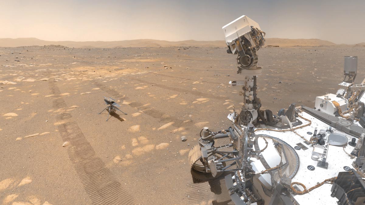Selfie del rover Perseverance junto al helicóptero Ingenuity en la superficie de Marte, abril de 2021