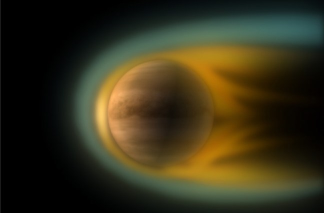 Representación de cómo interactúa el viento solar con la alta atmósfera de Venus.