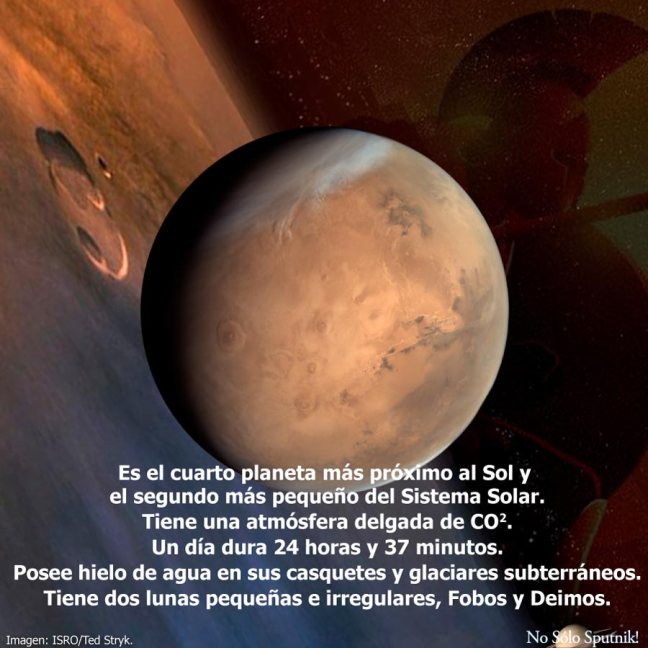 Ilustración de Marte mostrando su superficie rojiza, atmósfera tenue y principales características físicas del planeta rojo
