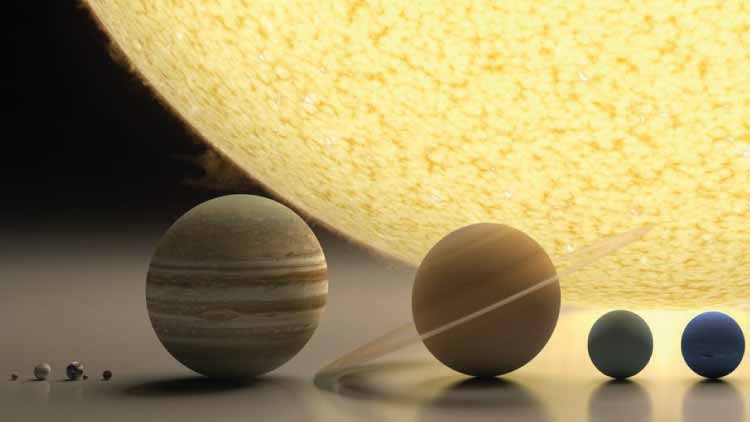 Escala de tamaños donde se muestra el enorme diámetro del Sol en comparación con los planetas del Sistema Solar