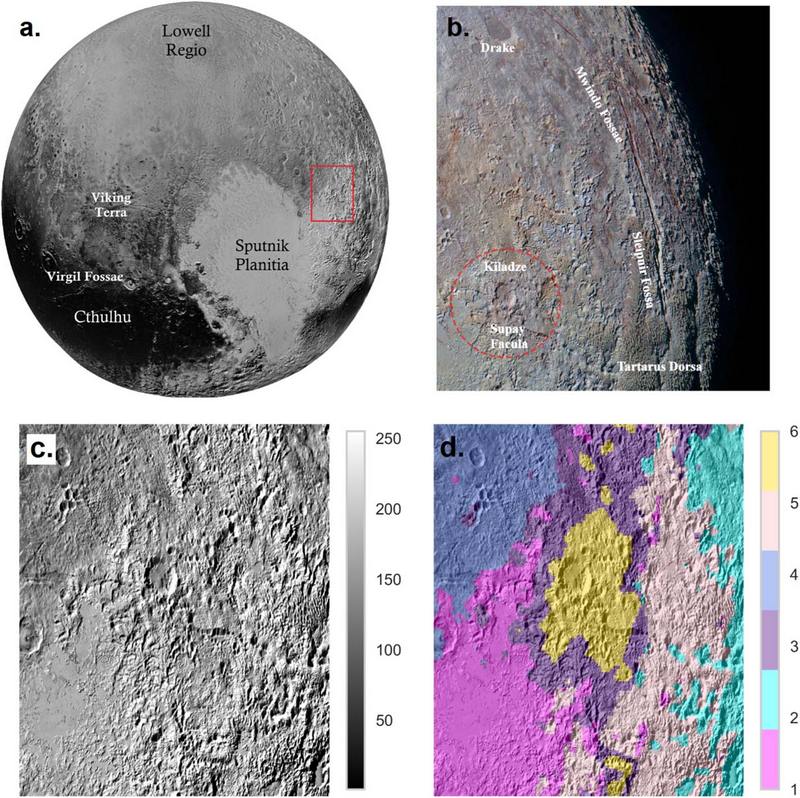 Mapa global de Plutón con la ubicación de Kiladze, imagen de alta resolución de la región y mapa espectral que muestra la presencia de hielo de agua