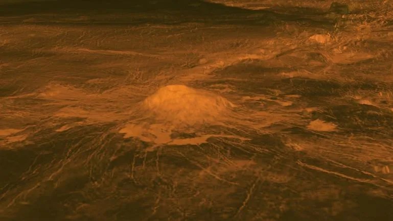 Pico volcánico Idunn Mons en la región Imdr de Venus. La columna topográfica se deriva de datos obtenidos por la sonda espacial Magallanes de la NASA, con una exageración vertical de 30 veces.