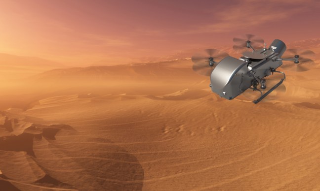 Ilustración de la misión Dragonfly de la NASA, un dron que explorará Titán, la luna de Saturno, a partir de 2034