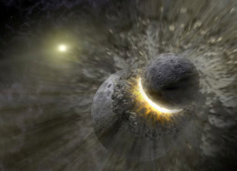 Representación artística del impacto de Theia con la Tierra durante la formación de la Luna