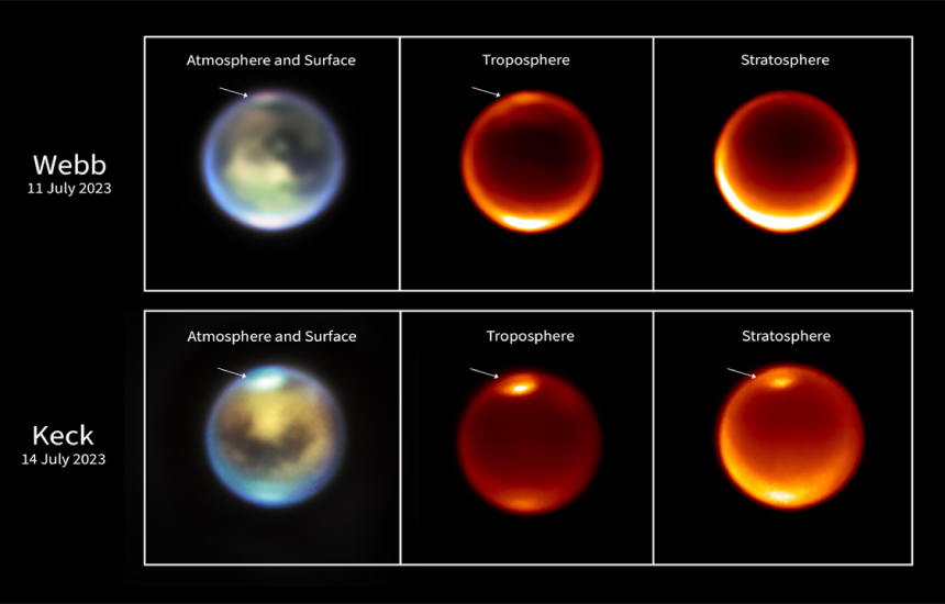 Imagen infrarroja de Titán captada por el telescopio James Webb mostrando nubes en el hemisferio norte