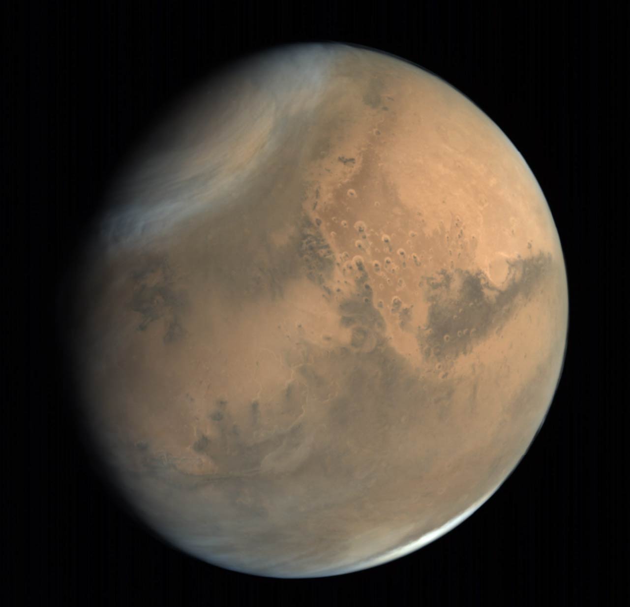 Vista global de Marte tomada por la sonda india Mangalyaan con detalles de Chryse, Acidalia Planitiae y varios valles marcianos.