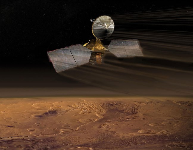 Ilustración artística de la sonda Mars Reconnaissance Orbiter realizando aerofrenado en la atmósfera de Marte