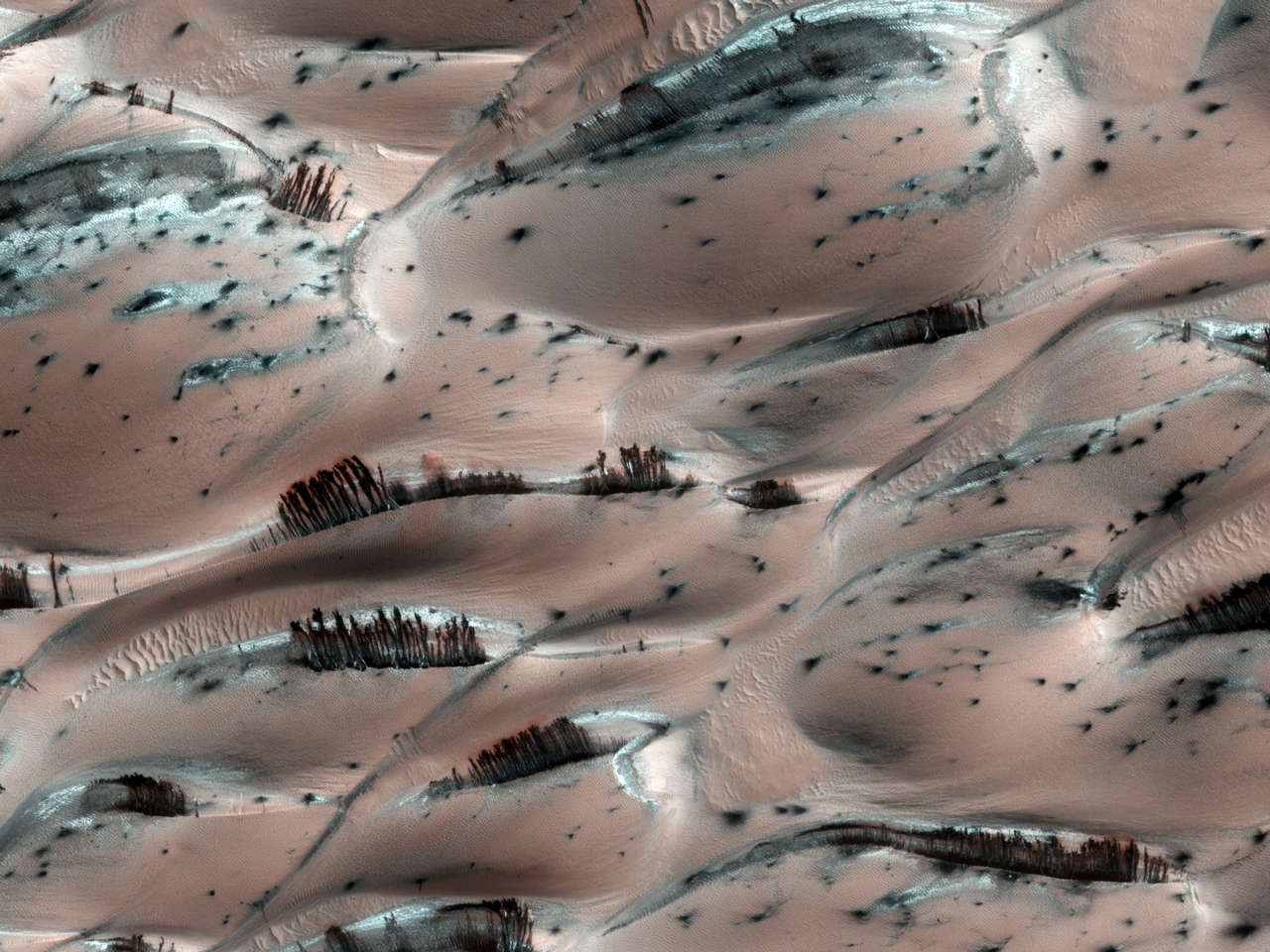 Dunas oscuras cerca del polo norte de Marte con deslizamientos de arena registrados por la Mars Reconnaissance Orbiter