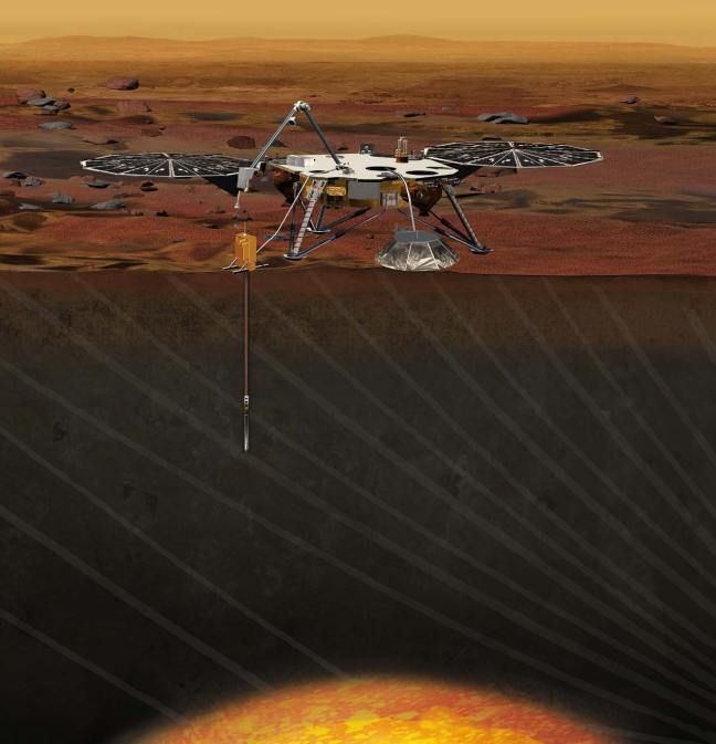 Ilustración artística de la misión InSight en Marte con polvo y capas subterráneas