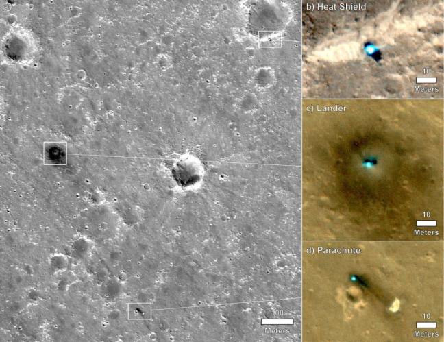Imagen HiRISE mostrando el lugar de aterrizaje de InSight con paracaídas, escudo térmico y backshell