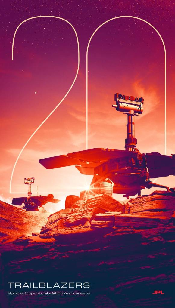 Póster conmemorativo del 20 aniversario de Spirit y Opportunity en Marte
