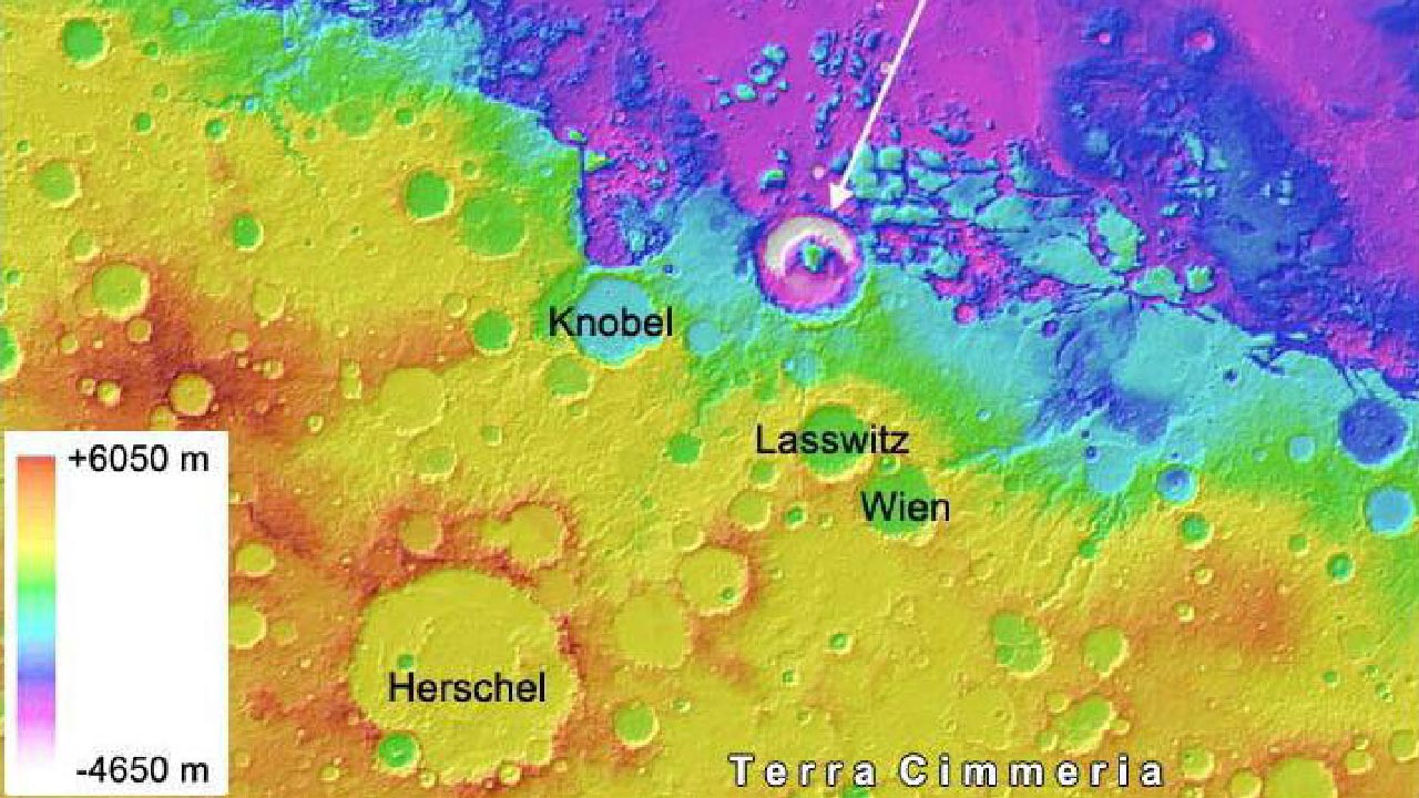 Mapa de elevación del hemisferio sur de Marte que muestra el cráter Gale y su entorno, basado en datos del altímetro láser MOLA de la misión Mars Global Surveyor.