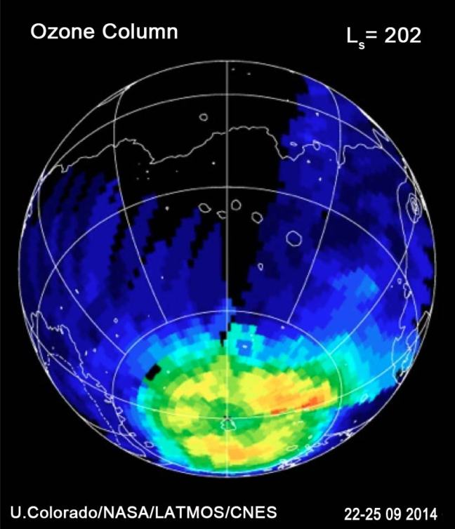 Mapa del ozono atmosférico en el hemisferio sur de Marte obtenido por el espectrógrafo ultravioleta IUVS de la sonda MAVEN entre el 22 y el 25 de septiembre de 2014.