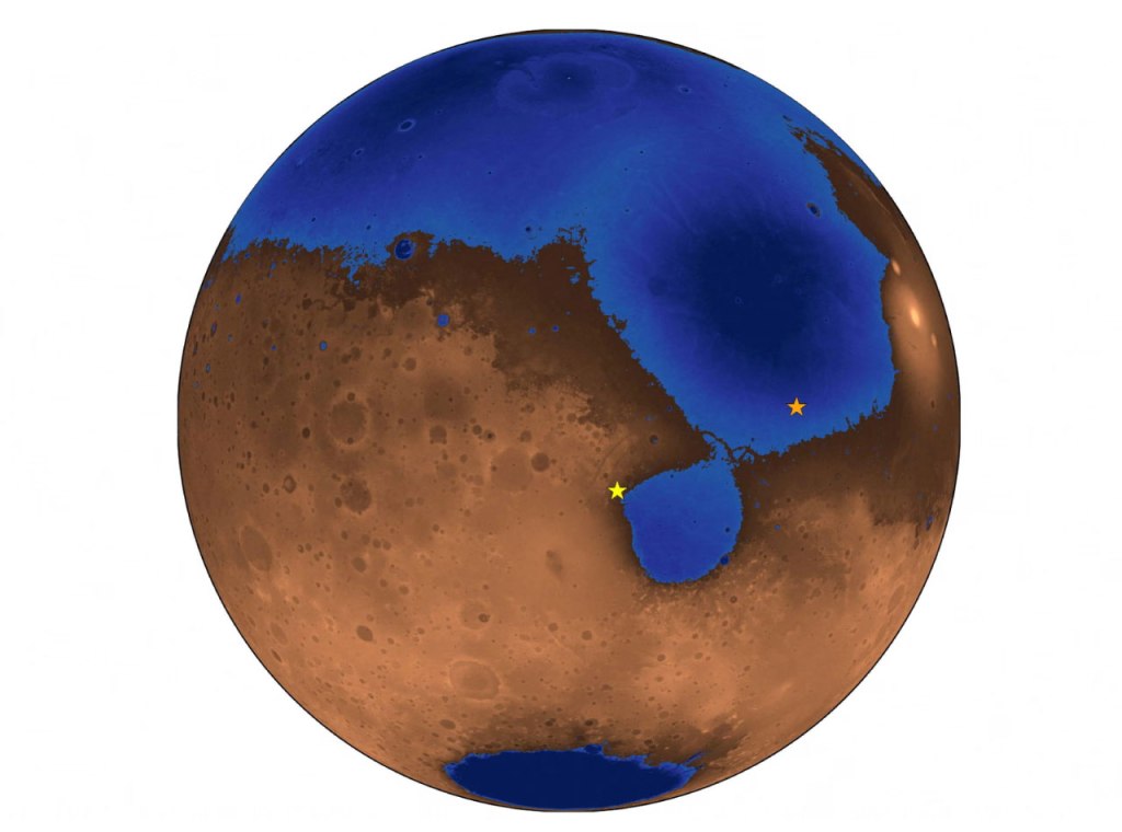 Ilustración del aspecto hipotético de Marte hace 3.600 millones de años, cuando un océano cubría gran parte del hemisferio norte