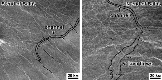Extremos norte y sur del canal Baltis Vallis en imágenes radar de la misión Magellan, con indicación de los flujos de lava y las crestas tectónicas que cruzan el cauce.