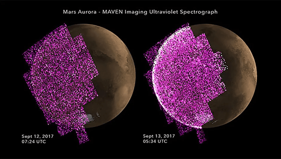 Aurora global sobre Marte observada por el espectrómetro ultravioleta IUVS de la sonda MAVEN el 12 y 13 de septiembre de 2017