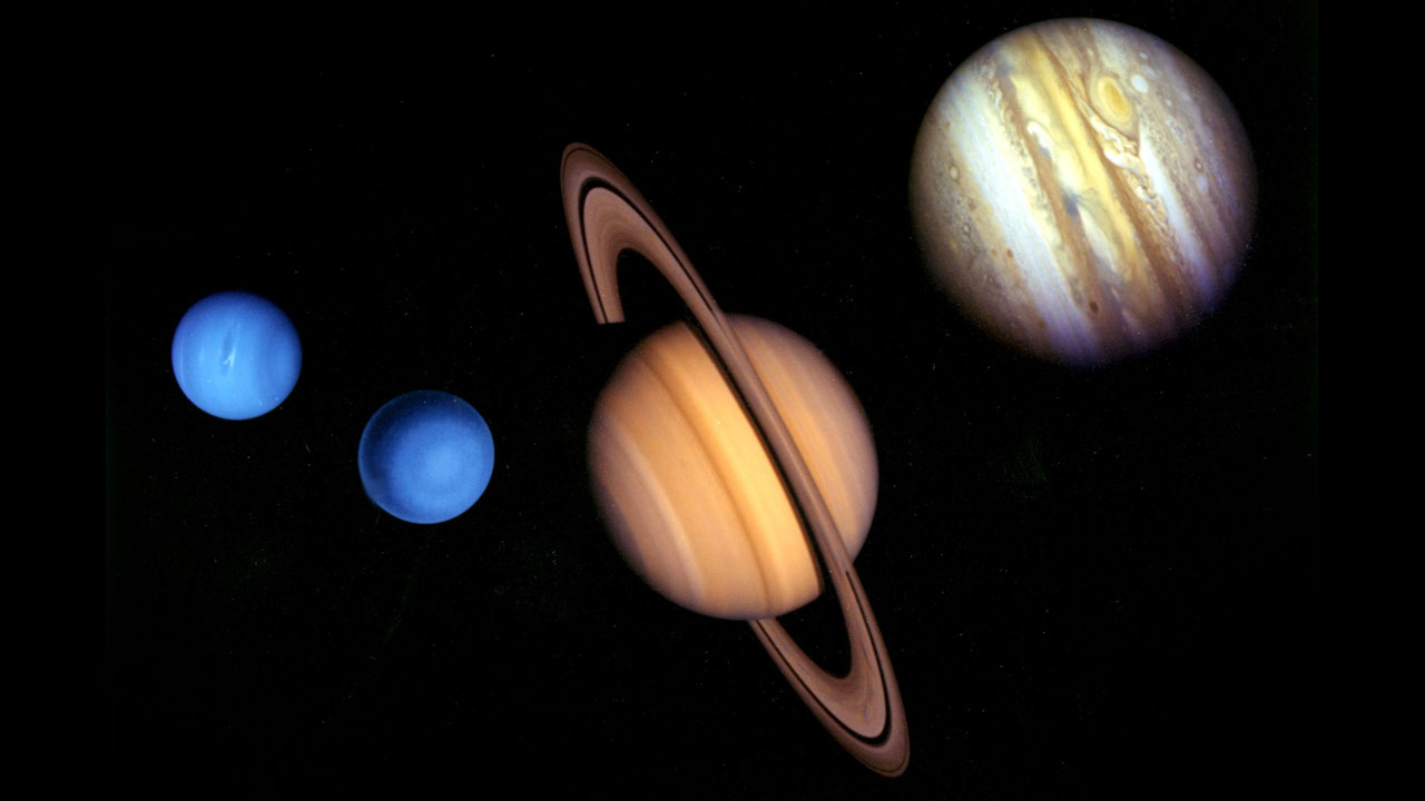 Montaje con los planetas Júpiter, Saturno, Urano y Neptuno vistos por la misión Voyager.