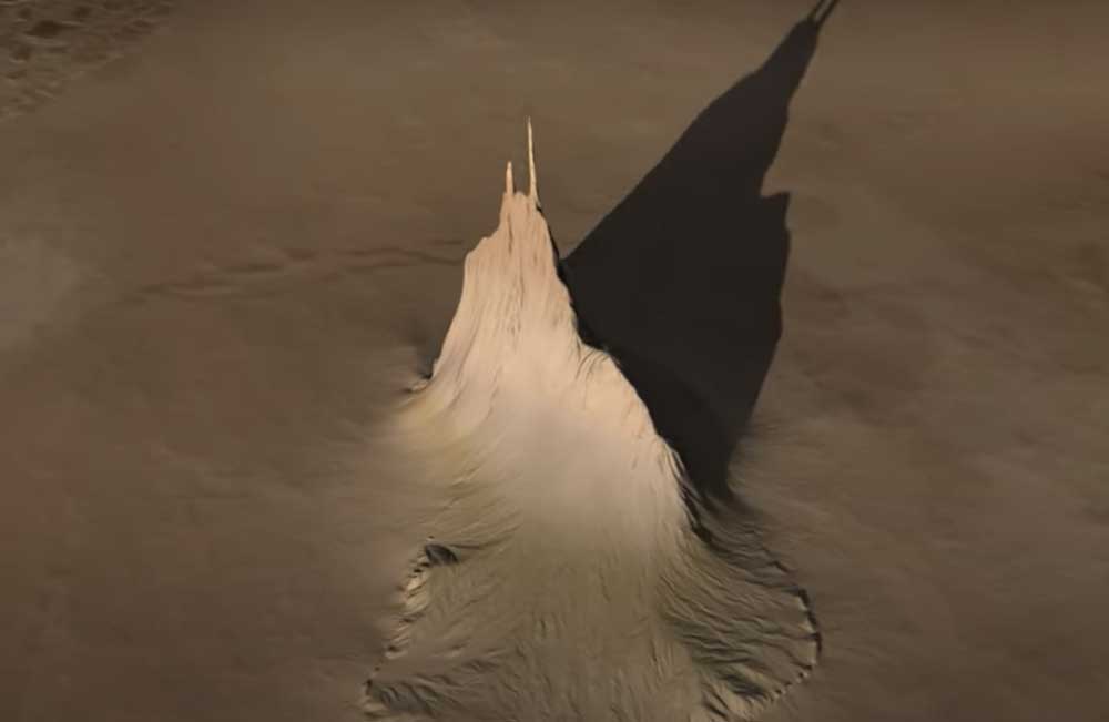 Reconstrucción tridimensional de la Montaña Campanario en Ío, elaborada a partir de los datos obtenidos por la sonda Juno durante sus sobrevuelos de 2024.