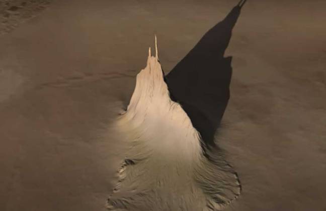 Reconstrucción tridimensional de la Montaña Campanario en Ío, elaborada a partir de los datos obtenidos por la sonda Juno durante sus sobrevuelos de 2024.