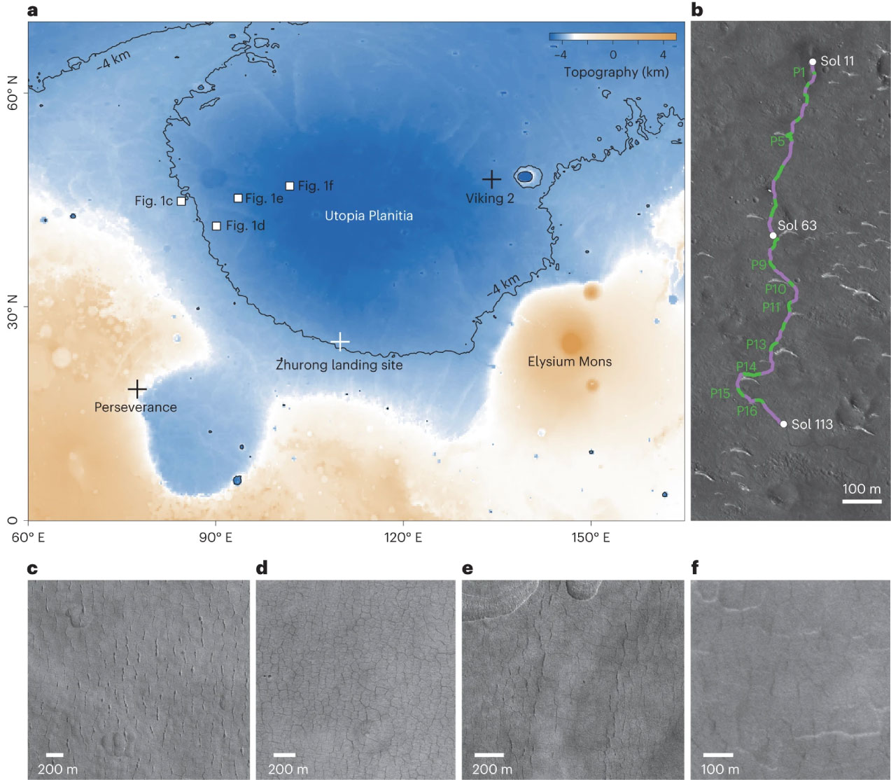 Mapa topográfico de Utopia Planitia y recorrido del rover Zhurong donde se detectó el terreno poligonal enterrado