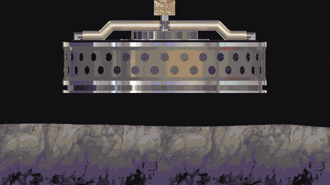 Animación del cabezal TAGSAM mostrando la liberación de gas nitrógeno y la captura de partículas del regolito durante el contacto con la superficie del asteroide.
