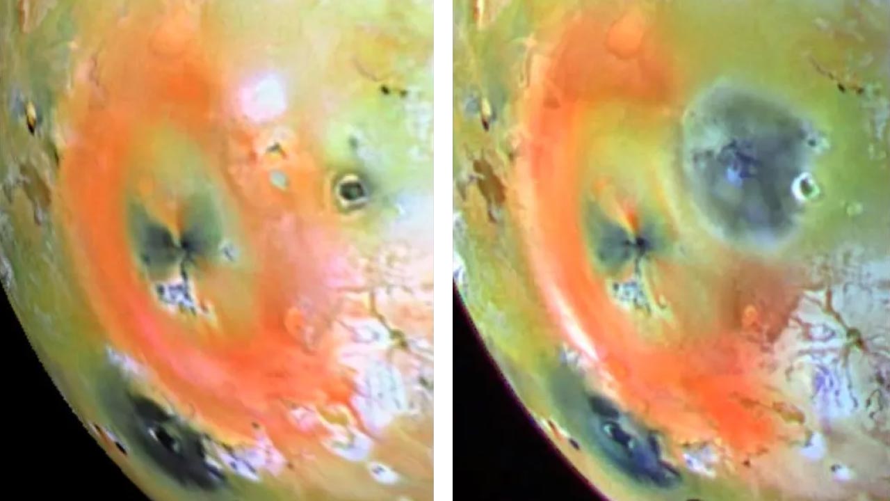 Comparación de dos vistas en falso color de la región de Pele y Pillan Patera en Ío, donde se aprecia el anillo rojizo de depósitos de azufre de Pele y el gran depósito oscuro generado por la erupción de Pillan.