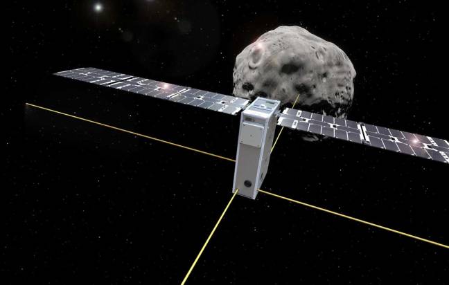 Recreación del cubesat Juventas realizando observaciones cercanas del asteroide Dimorfo con sus antenas de radar desplegadas.