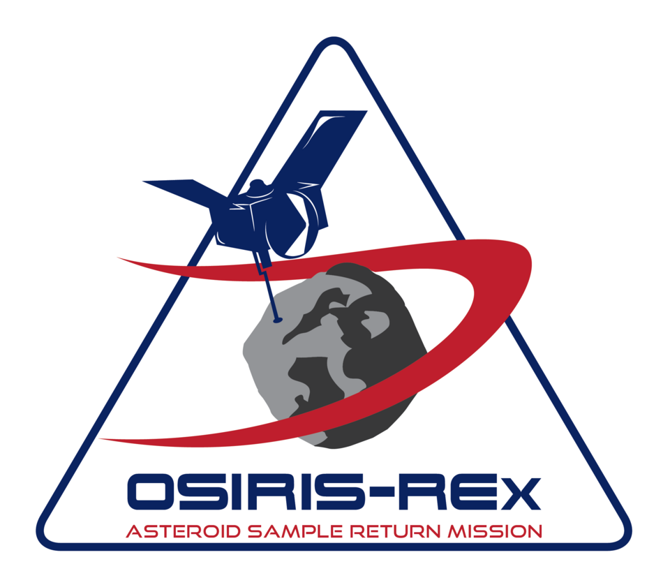 Logotipo oficial de la misión OSIRIS REx con la sonda y el asteroide Bennu.