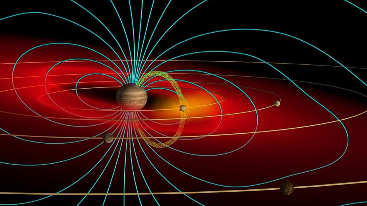 Esquema del toro de plasma de Ío, el tubo de flujo y las líneas del campo magnético de Júpiter.