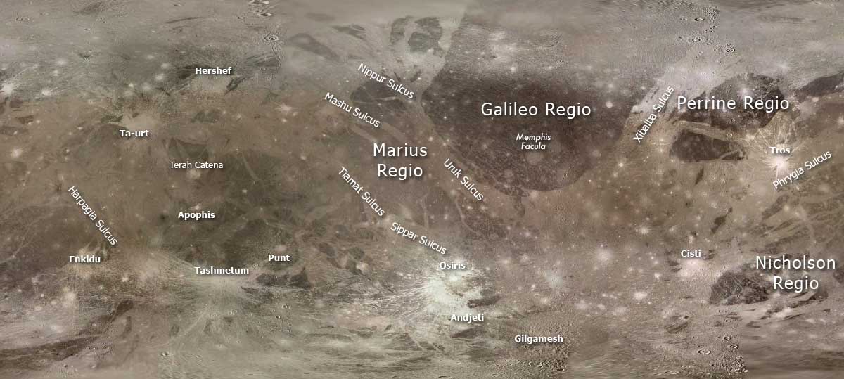 Mapa de Ganímedes en proyección cilíndrica elaborado a partir de mosaicos de Voyager y Galileo, mostrando la distribución global de terrenos oscuros y regiones surcadas.