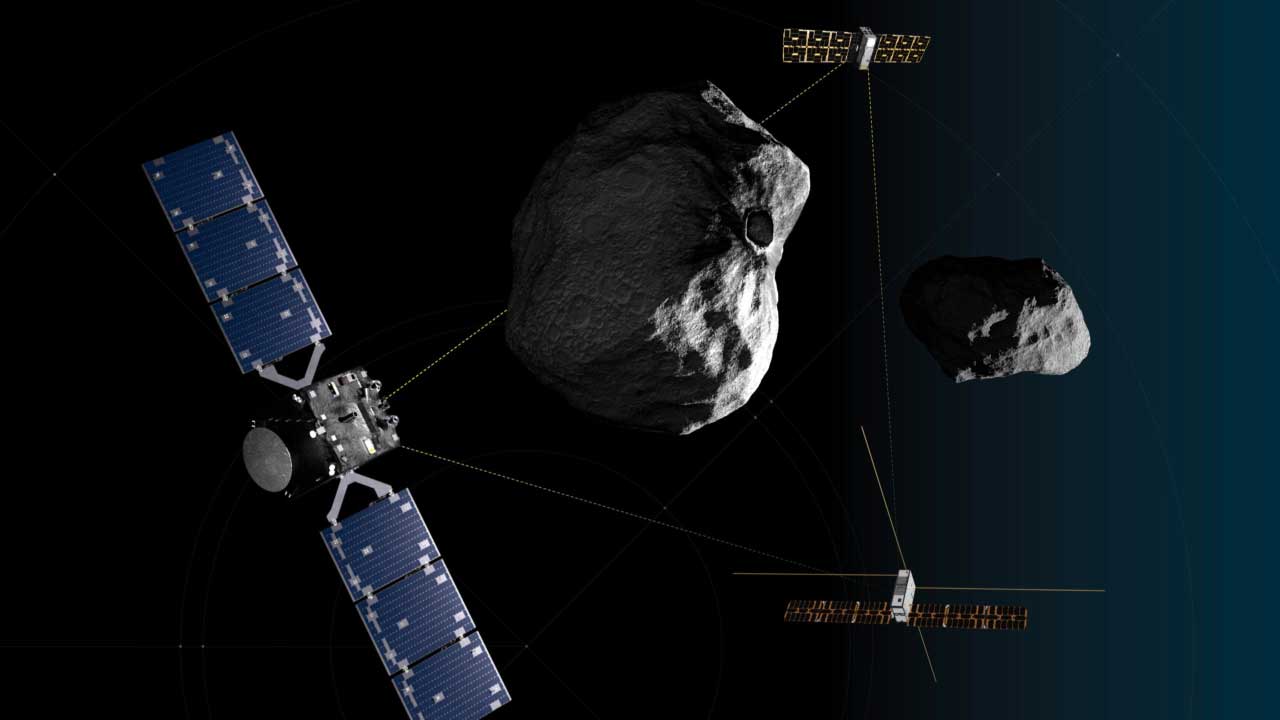 Recreación artística de Hera operando junto a los cubesats Milani y Juventas alrededor del asteroide Dimorfo.