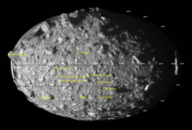 Mapa global de Dimorfo con rasgos superficiales nombrados, generado a partir de las imágenes finales de la misión DART.