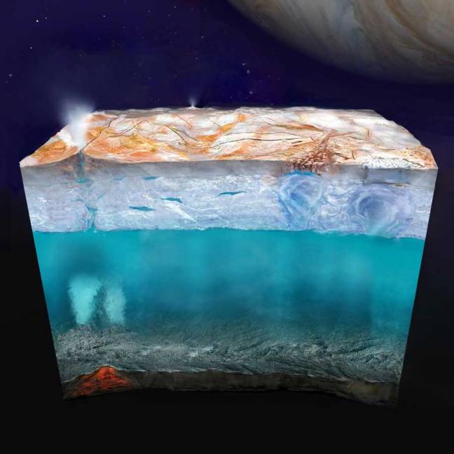 Ilustración del océano subsuperficial de Europa bajo la corteza helada, con posibles penachos y circulación interna