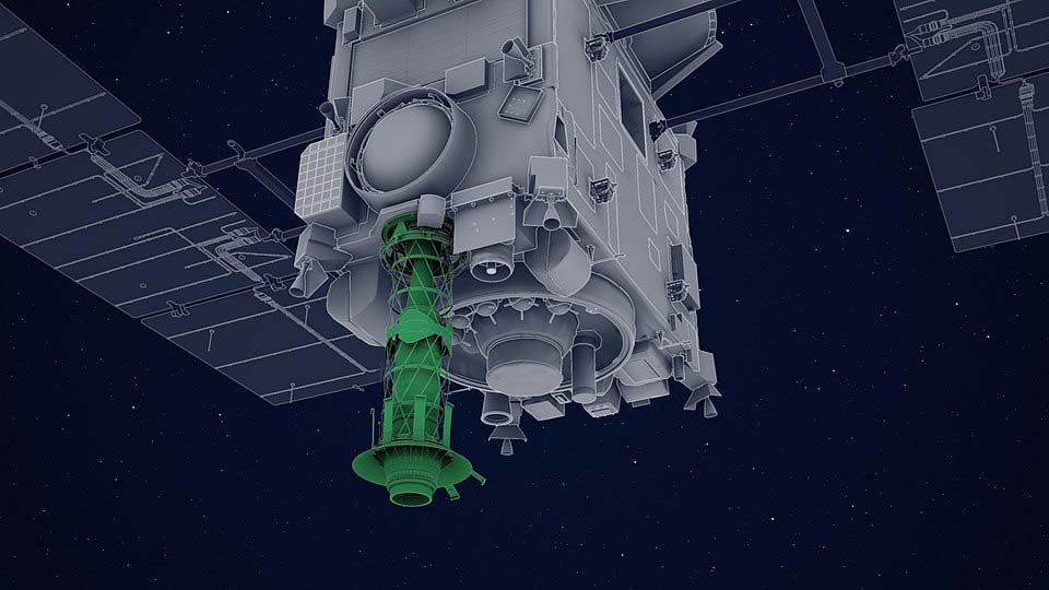 Vista esquemática de la nave Hayabusa 2 mostrando el sistema de muestreo en color verde.