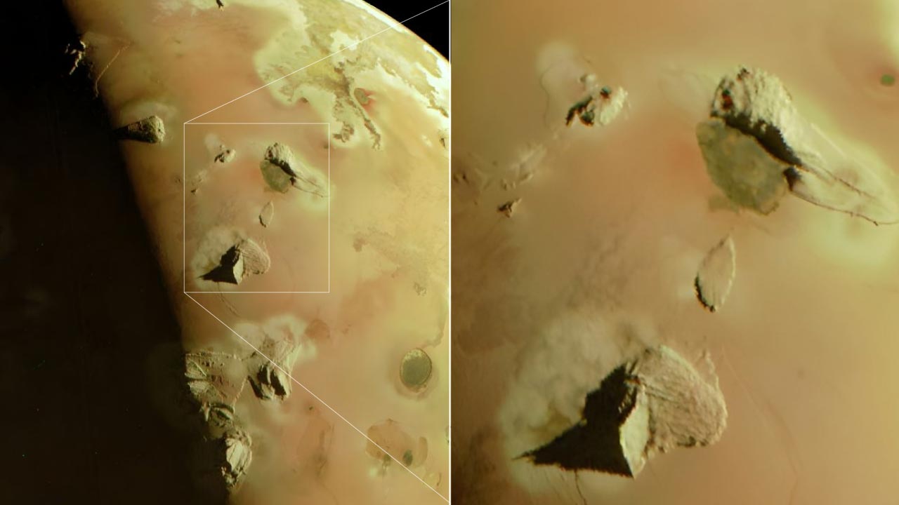 Montañas en la superficie de Ío observadas por Juno, con sombras alargadas cerca del terminador que realzan de forma aparente la pendiente de los relieves.