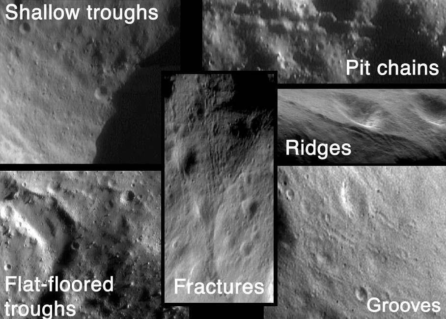 Montaje de imágenes de Eros mostrando surcos, cadenas de pozos, crestas, fracturas y acanaladuras observadas por NEAR Shoemaker