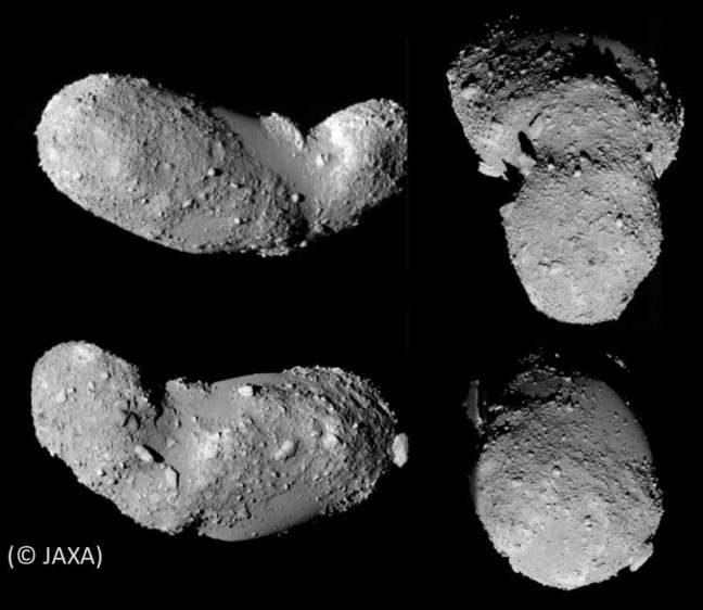 Modelos tridimensionales del asteroide Itokawa obtenidos a partir de imágenes de la sonda Hayabusa, mostrando su forma bilobulada y la distribución de bloques en la superficie.