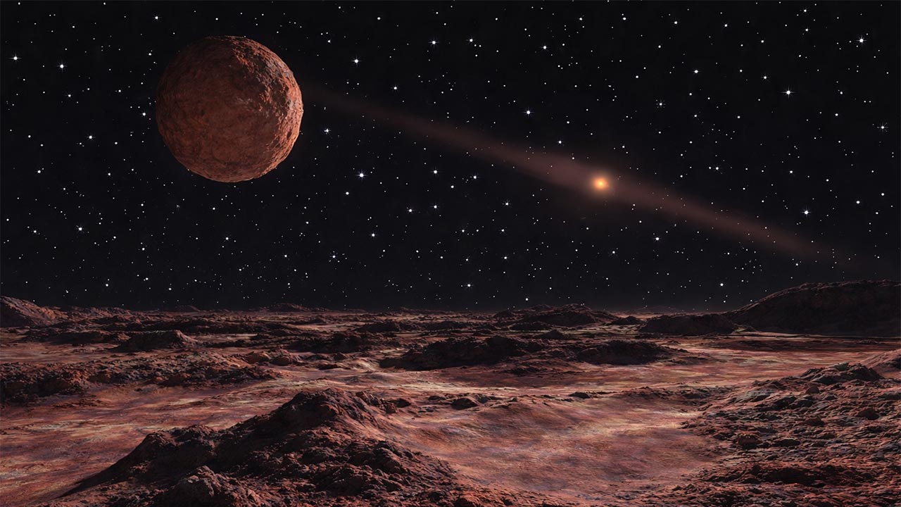 Ilustración artística del objeto transneptuniano Gonggong con su satélite Xiangliu sobre un paisaje helado del cinturón de Kuiper, iluminado por el Sol distante.