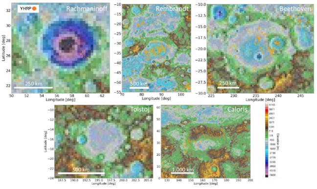 Mapas de varias cuencas de impacto de Mercurio con las llanuras YHRP marcadas sobre un modelo de relieve, mostrando su distribución espacial en Rachmaninoff, Rembrandt, Beethoven, Tolstoj y Caloris