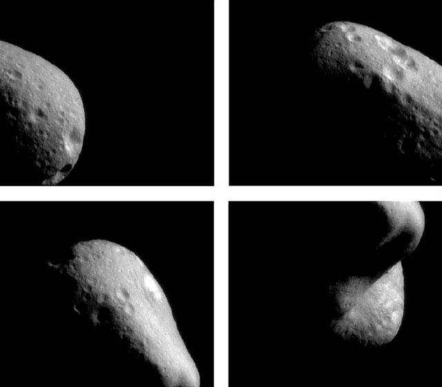 Secuencia de imágenes del asteroide Eros tomadas por NEAR Shoemaker desde 330 km para navegación y triangulación orbital.
