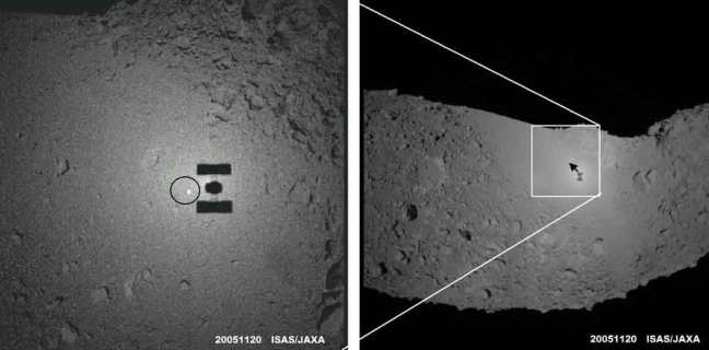Imagen de la superficie del asteroide Itokawa con la zona de contacto y muestreo de la sonda Hayabusa señalada sobre el terreno.