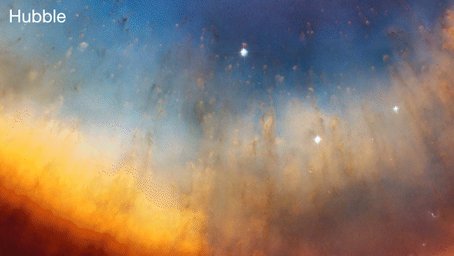 Comparación de una misma región de la nebulosa de la Hélice observada por los telescopios espaciales Hubble, Spitzer y James Webb, mostrando diferencias de resolución y estructura del gas.