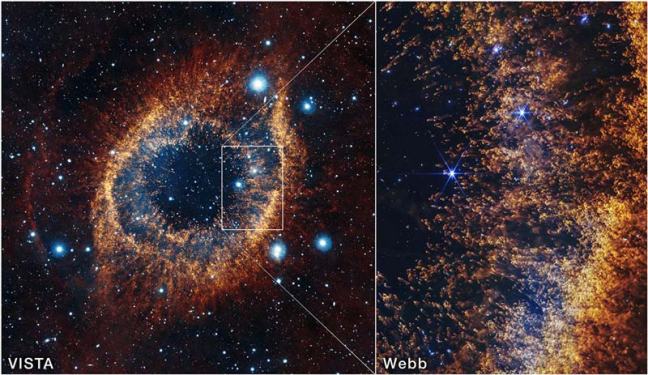 Comparativa de la nebulosa de la Hélice observada desde tierra y con el telescopio espacial James Webb, con un recuadro que señala el campo de visión de NIRCam sobre la envoltura gaseosa.