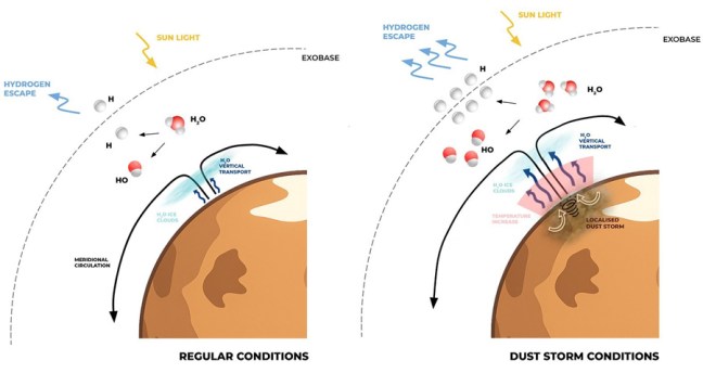 Diagrama esquemático del transporte vertical de vapor de agua y del escape de hidrógeno en la atmósfera de Marte bajo condiciones normales y durante una tormenta de polvo localizada.