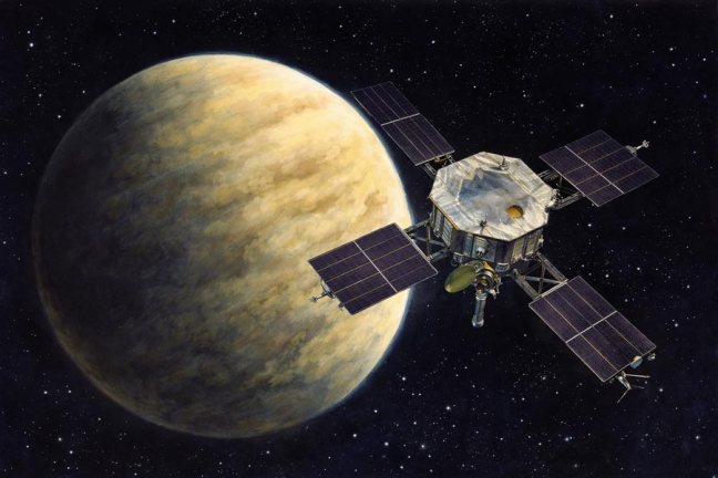 Ilustración artística del sobrevuelo de la sonda Mariner 5 sobre Venus en 1967