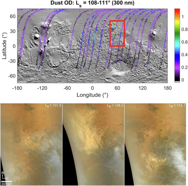 Mapa de la profundidad óptica del polvo y observaciones de MARCI que muestran el crecimiento de una tormenta de polvo regional en Syrtis Major durante el año marciano 37.